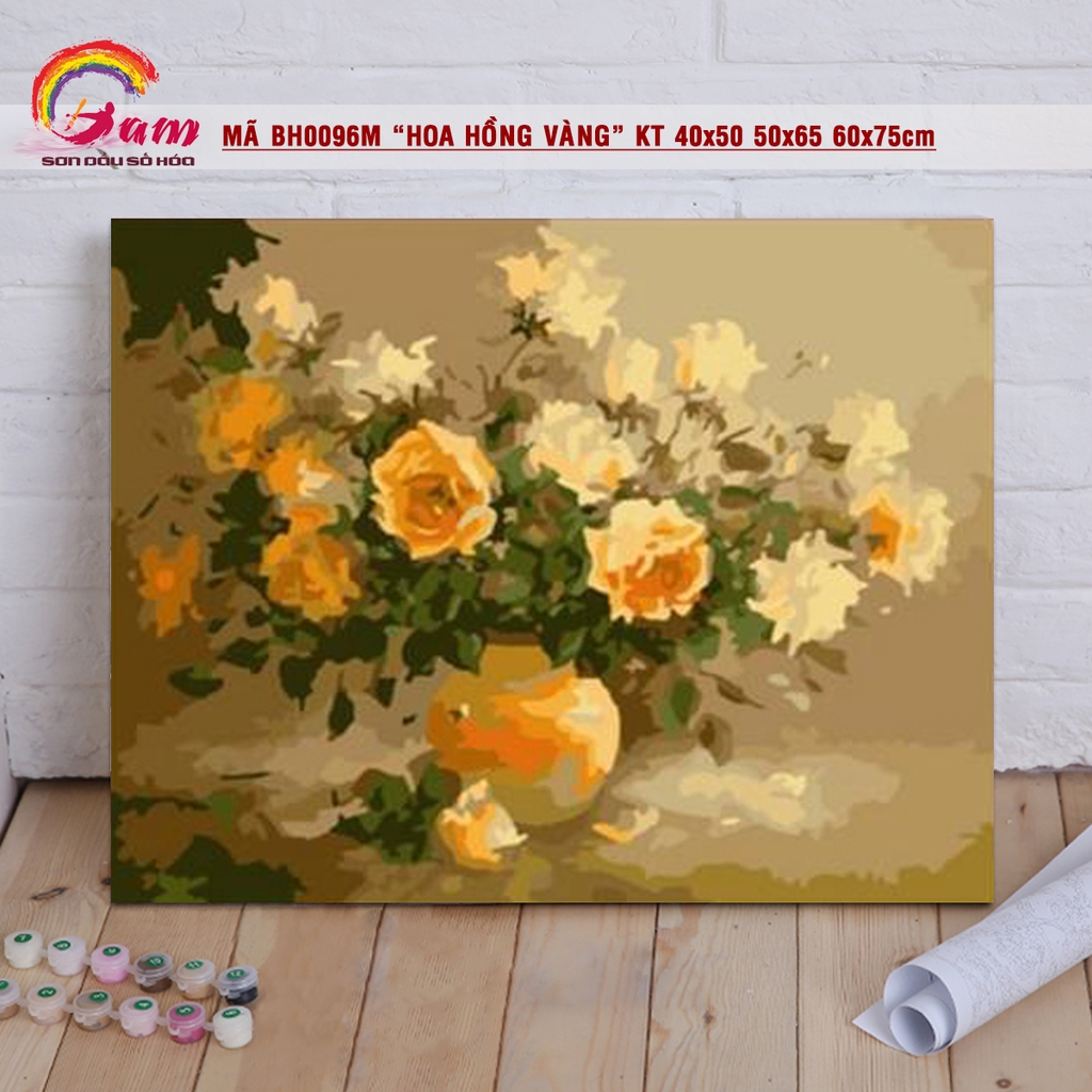 Tranh tự tô theo số sơn dầu số hóa - Mã BH0096M Thơm ngát hương hoa Hoa hồng vàng