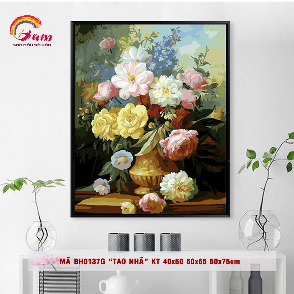 Tranh sơn dầu số hóa tự tô màu theo số Gam mã BH0137G Tranh lọ hoa bình hoa cổ điển trang trí