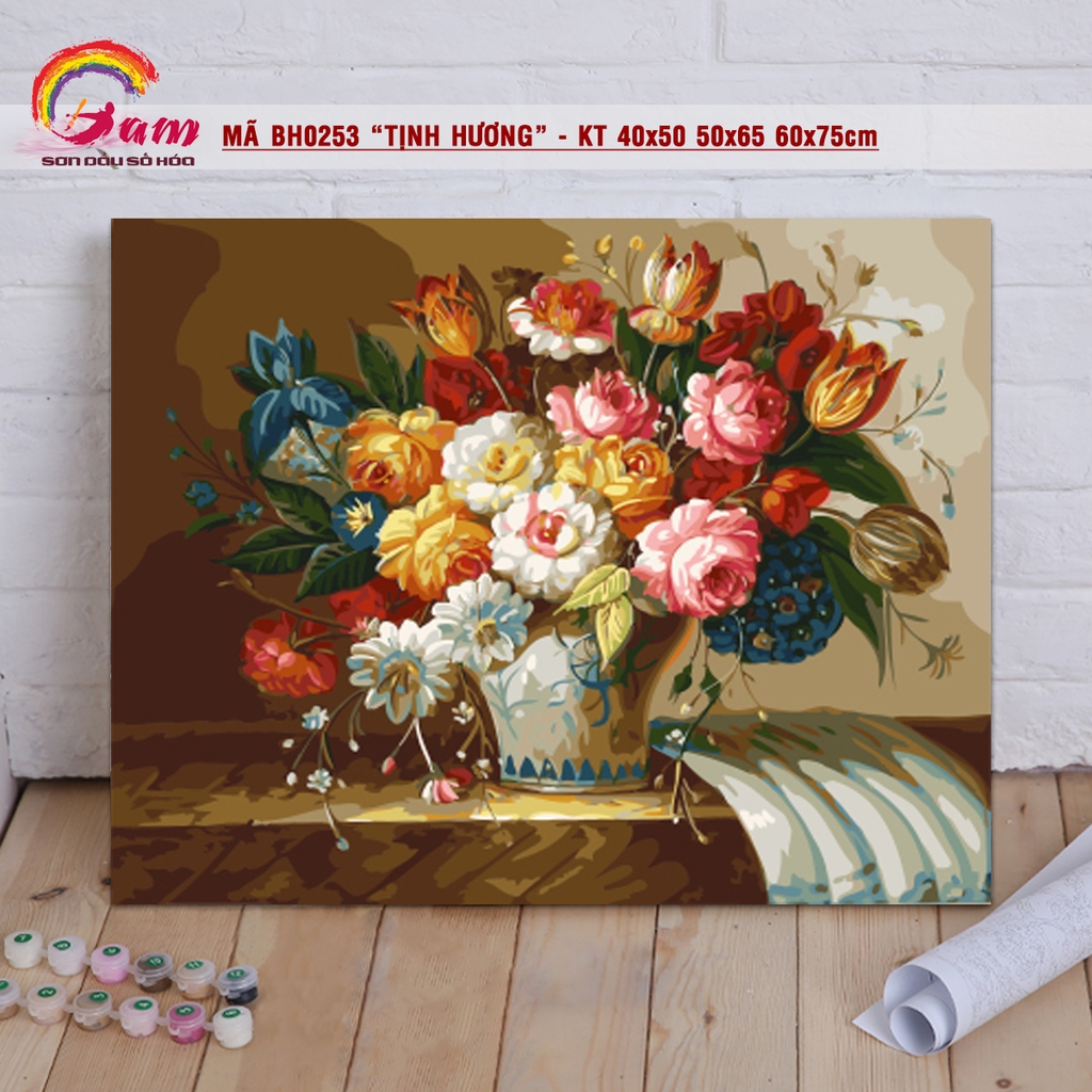 Tranh sơn dầu số hoá DIY tự vẽ Gam lọ hoa tĩnh vật cổ điển Mã BH0253 Tịnh hương
