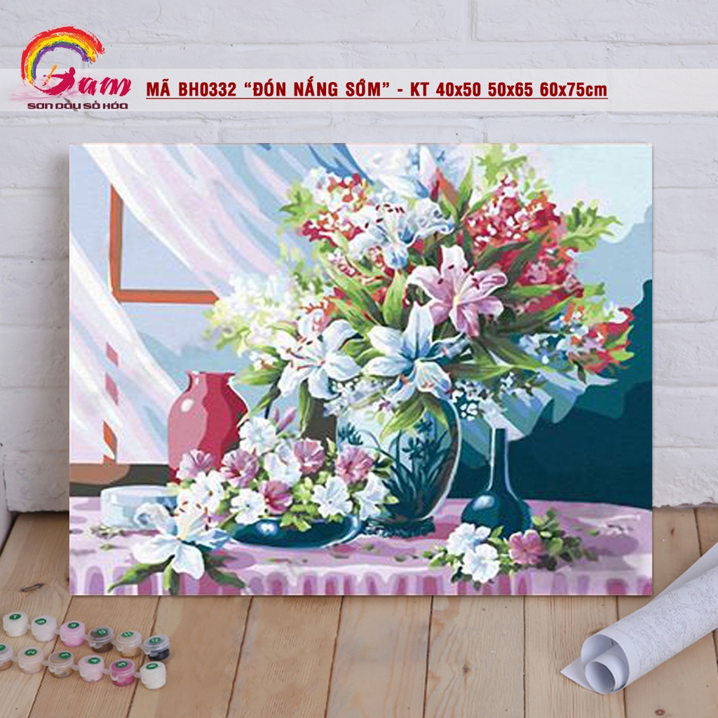 Tranh sơn dầu số hóa tô màu theo số BH0332 Tranh lọ hoa bên cửa sổ Nắng sớm