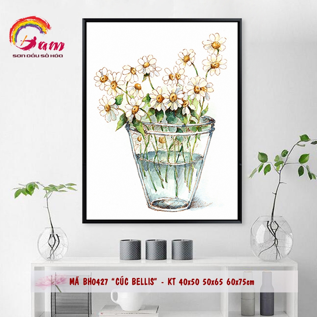 Tranh sơn dầu số hoá tự vẽ treo tường Gam - Tranh lọ hoa đơn giản nhẹ nhàng Mã BH0427 Cúc Bellis
