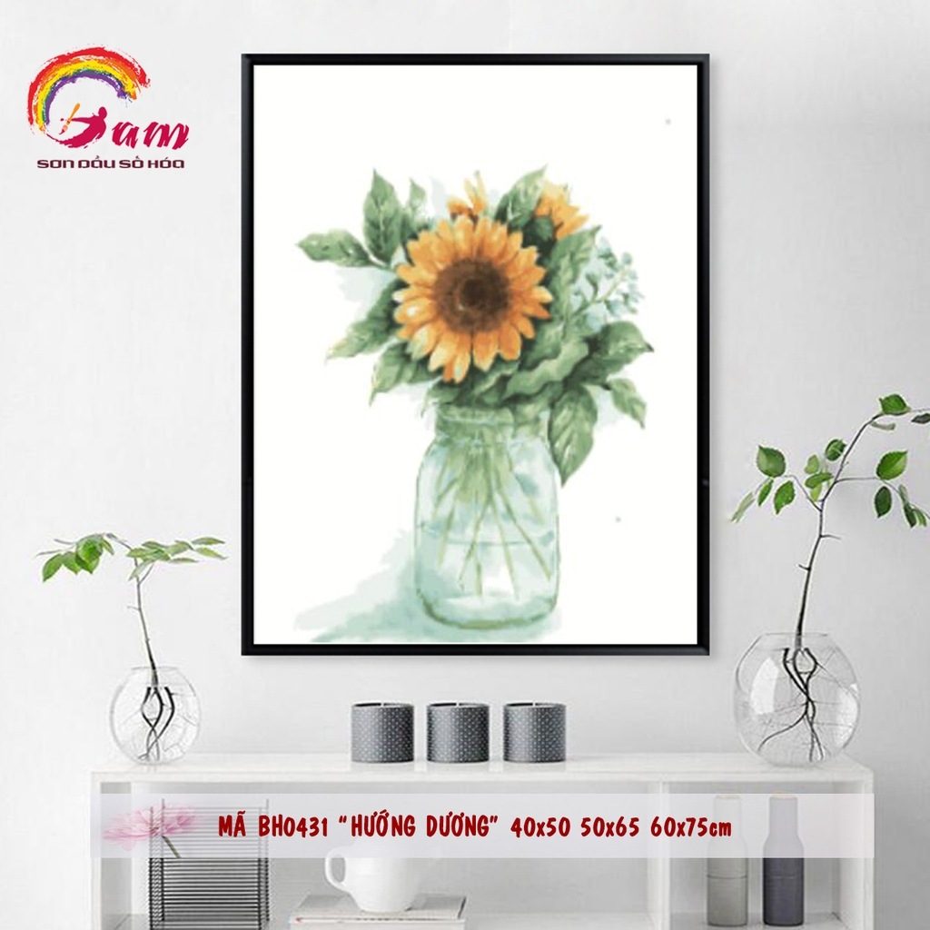 Tranh sơn dầu số hoá tự tô treo tường - Mã BH0431 Lọ hoa hướng dương