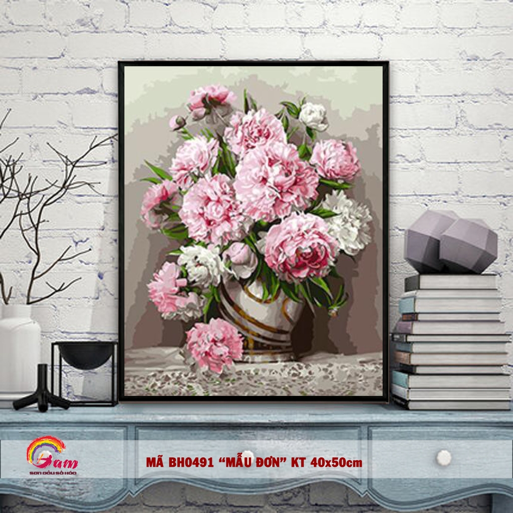 Tranh sơn dầu tự tô theo số Hoa mẫu đơn mã BH0491