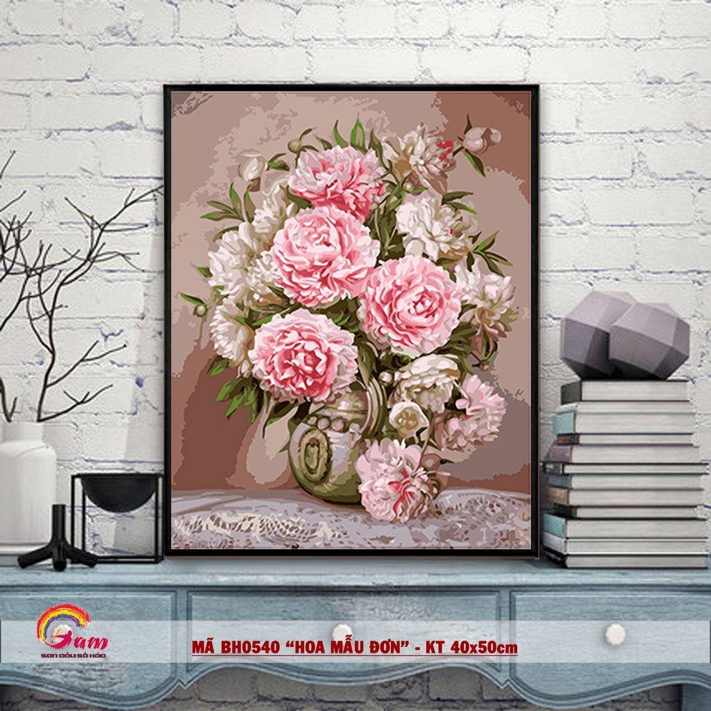 Tranh sơn dầu số hóa tô màu theo số BH0540 Tranh lọ hoa mẫu đơn cổ điển