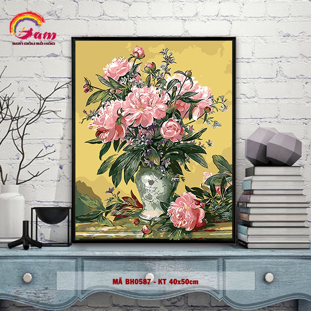 Tranh tự tô màu sơn dầu số hóa bình hoa - Mã BH0587 Lọ hoa hồng nhạt nhẹ nhàng cổ điển