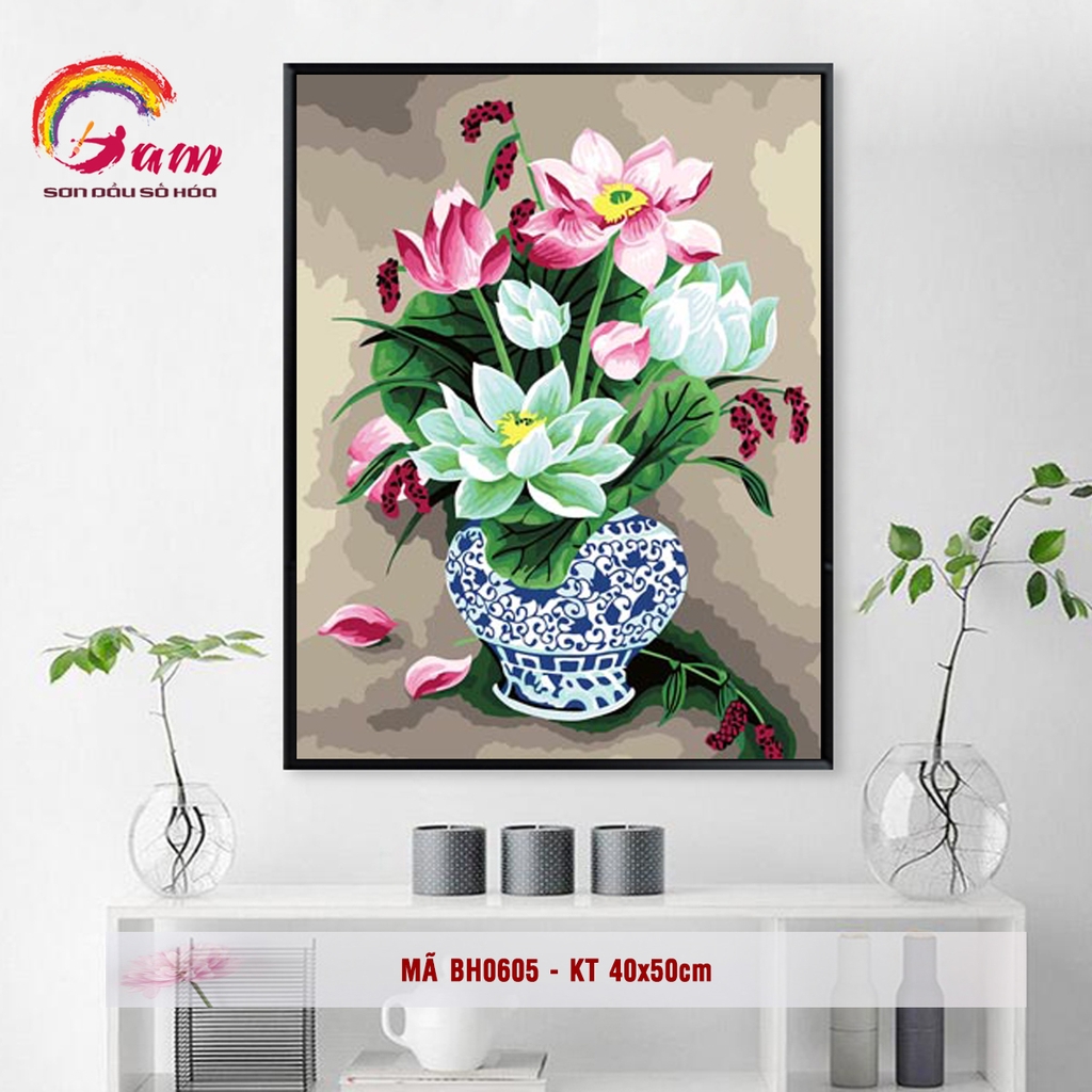 Tranh sơn dầu số hóa tự tô màu DIY hoa - Mã BH0605 Bình hoa sen sang trọng Tranh tĩnh vật hoa cỏ