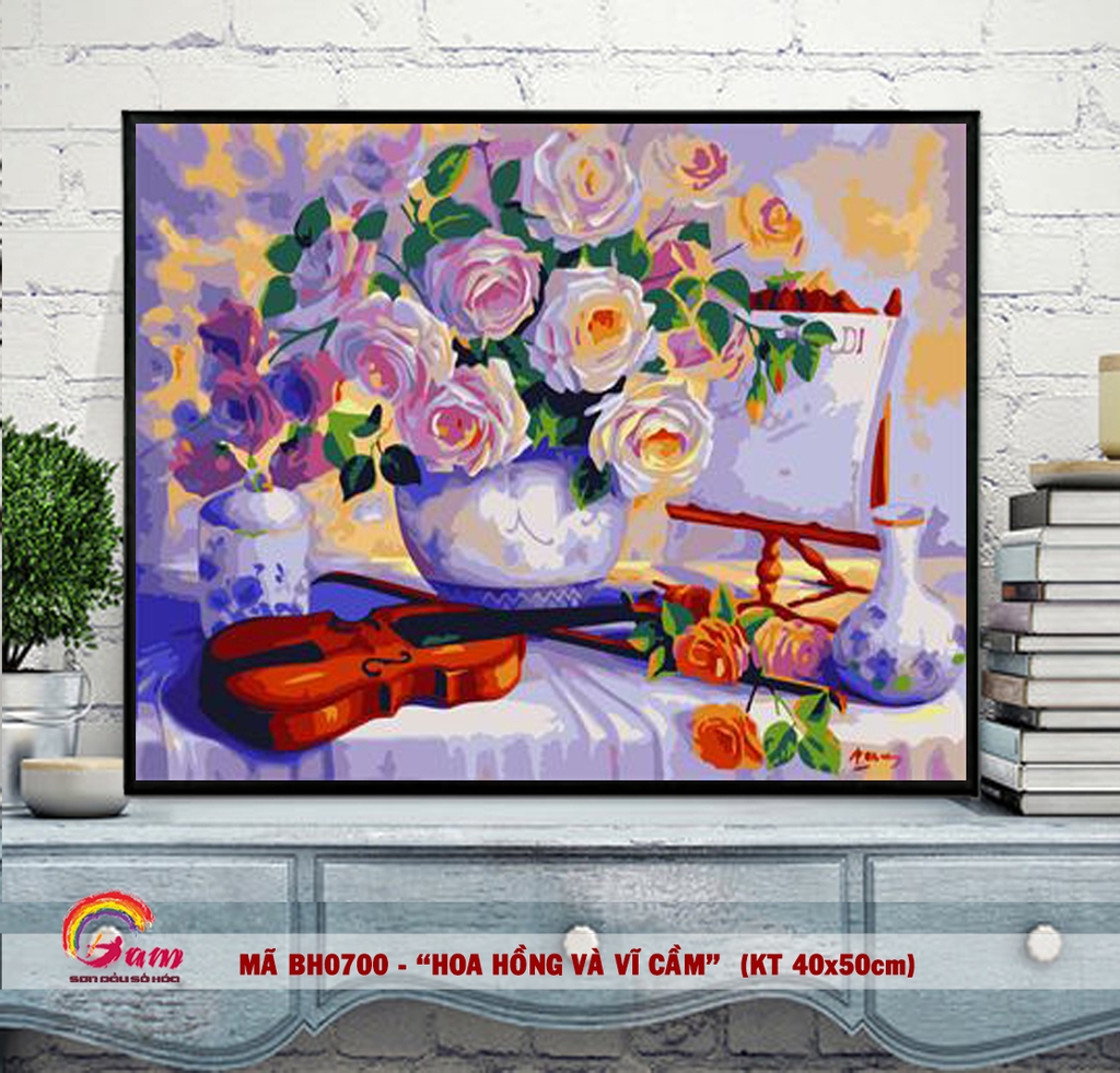 Tranh tô màu theo số hoa hồng mới lọ màu to  + 2 bộ cọ + khung 2.5cm BH0700