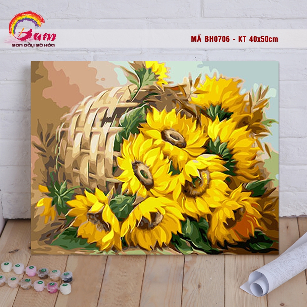 Tranh sơn dầu số hoá tự tô màu DIY về hoa - Mã BH0706 Giỏ hoa hướng dương