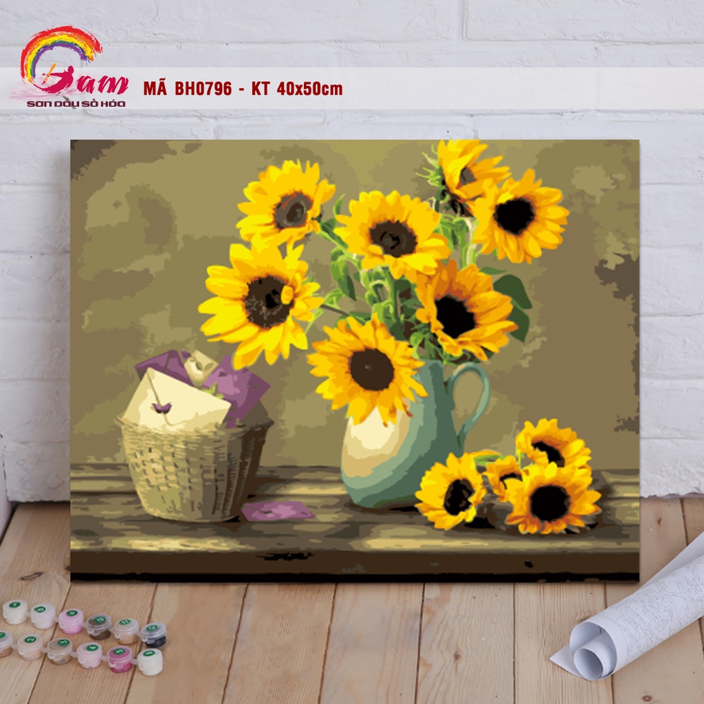 Tranh tự tô màu theo số BH0796 Tranh sơn dầu số hóa tự vẽ Lọ hoa hướng dương