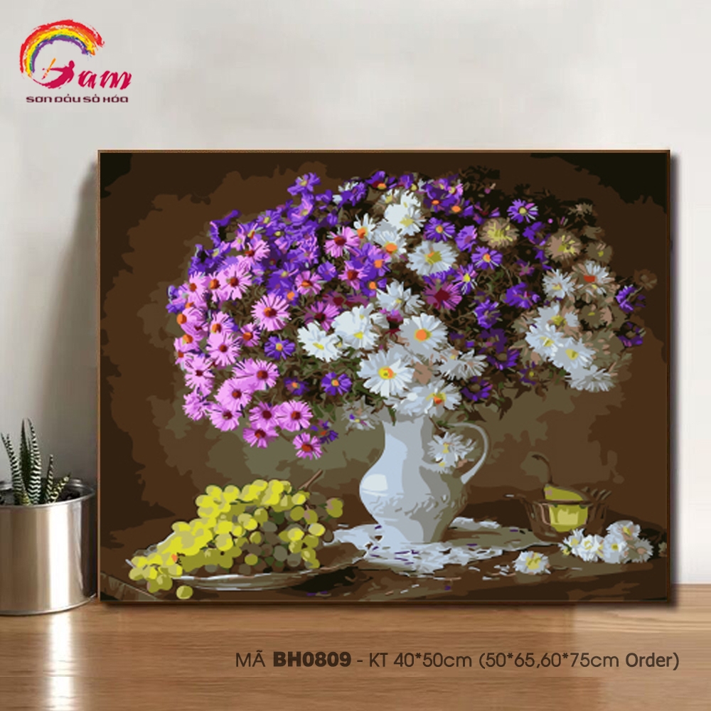 Tranh tự tô màu theo số BH0809 Tranh sơn dầu số hóa tự vẽ Lọ hoa cúc và chùm nho