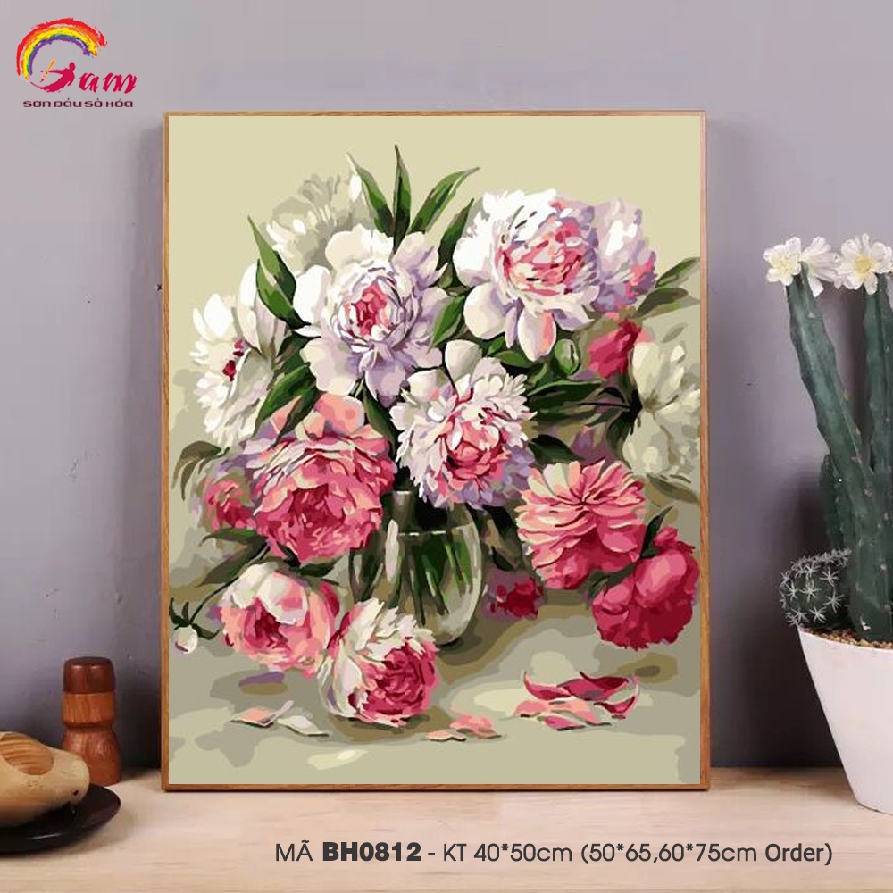 Tranh tự tô màu sơn dầu số hóa Gam - Tranh lọ hoa mẫu đơn hoa tươi BH0812