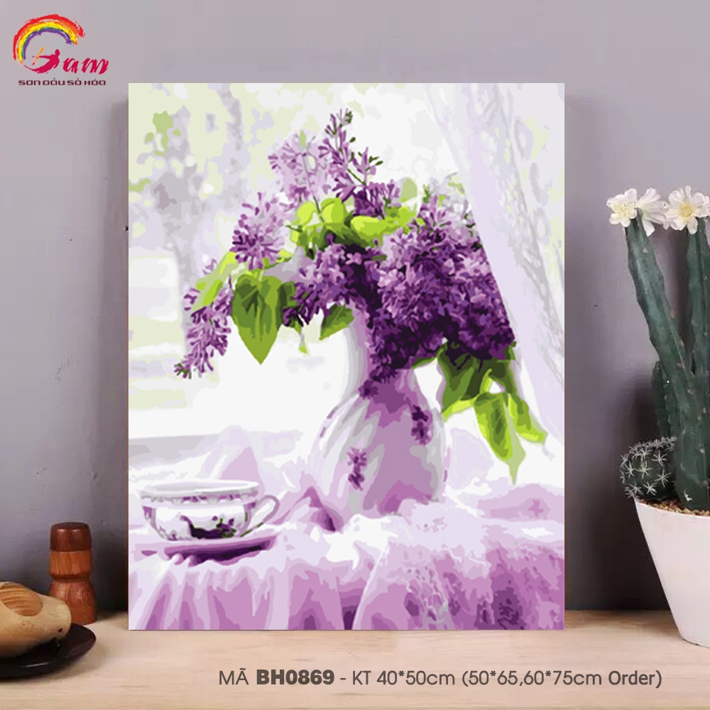 Tranh tô màu theo số BH0869 Tranh sơn dầu số hóa lọ hoa tử đinh hương tím bên cửa sổ