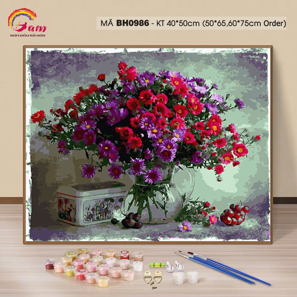 Tranh sơn dầu số hóa tự tô màu theo số Bình hoa tím BH0986