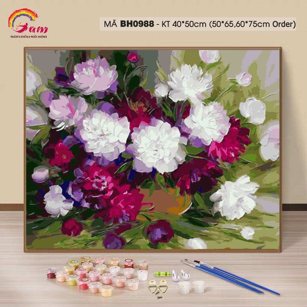Tranh tô màu theo số sơn dầu số hóa hoa lá bình hoa BH0988