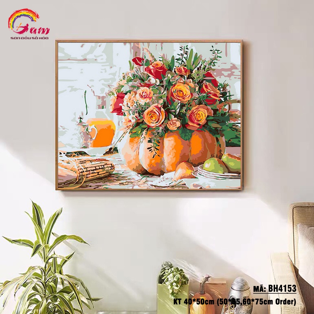 Tranh tô màu theo số Gam Tĩnh vật bình hoa hồng BH4153
