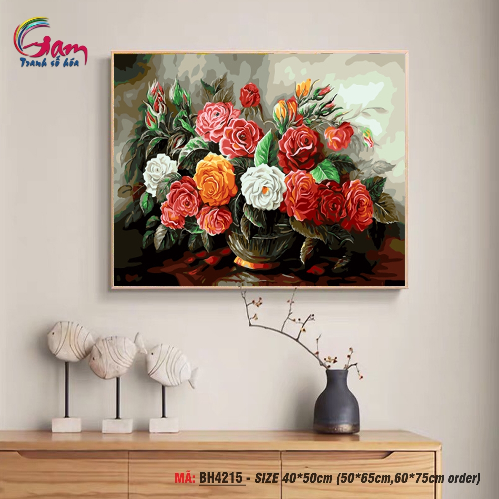 Tranh tô màu theo số Gam bình hoa hồng BH4215