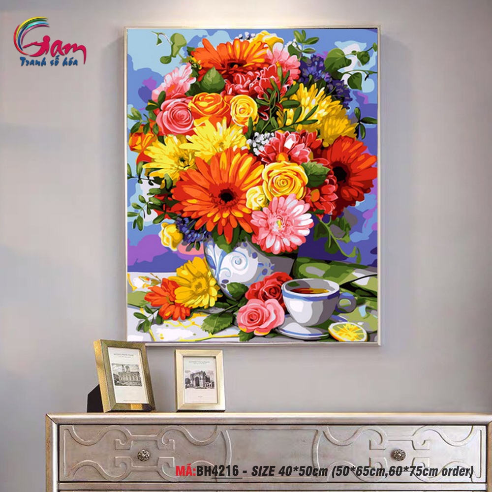 Tranh tô màu theo số Gam tĩnh vật bình hoa và tách trà BH4216