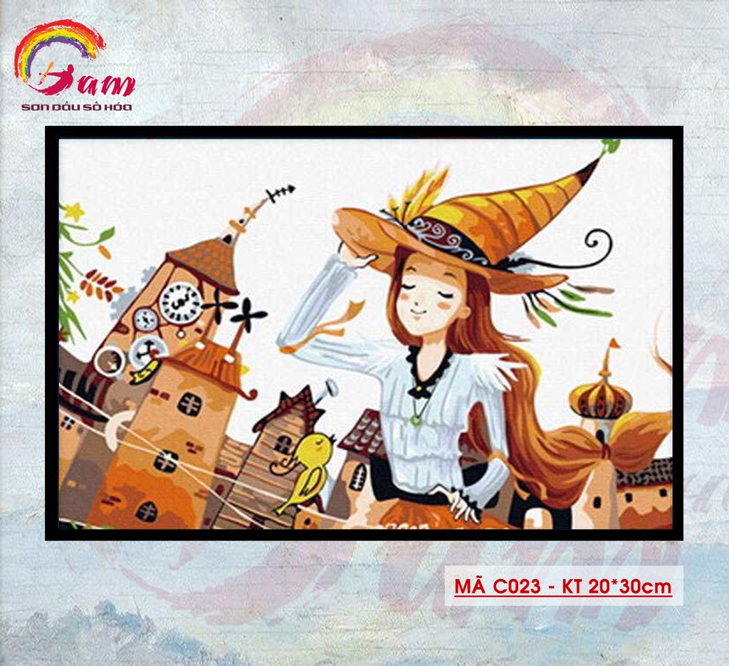 Tranh tự tô màu sơn dầu số hóa DIY size nhỏ cho trẻ em - Mã C023 Phù thủy nhỏ