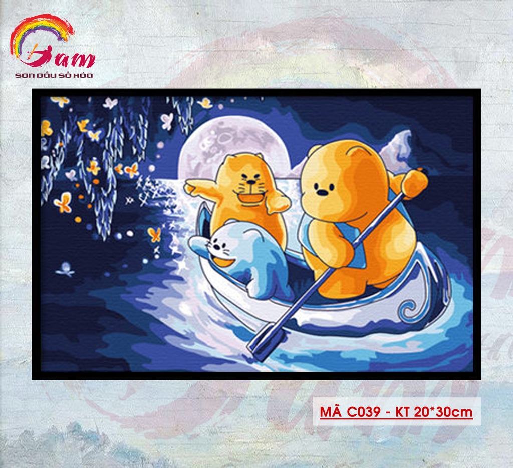 Tranh tự tô màu sơn dầu số hóa DIY size nhỏ cho trẻ em - Mã C039 Đồng hành Hai chú gấu chèo thuyền