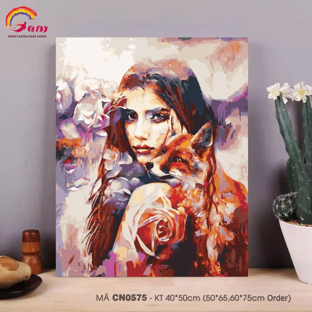 Tranh tự tô màu sơn dầu số hoá cô gái và hồ ly hoang dã CN0575