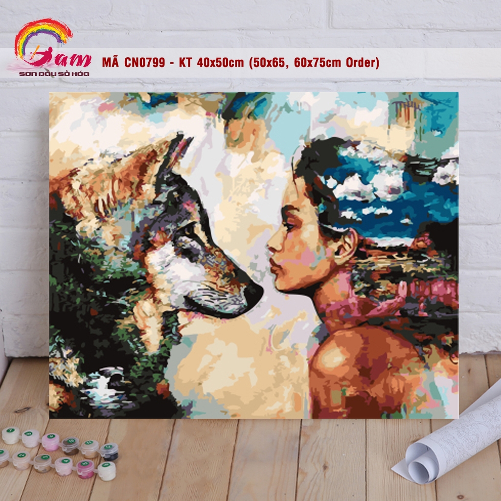 Tranh sơn dầu tự tô màu cô gái và chó sói Gam mã CN0799