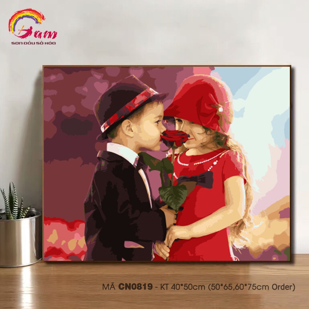 Tranh tự tô màu theo số Gam Tranh hai em bé mã CN0819