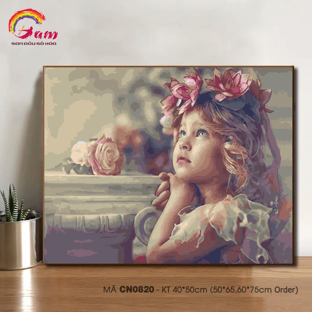 Tranh tự tô màu theo số CN0820 Tranh sơn dầu số hóa tự vẽ bé gái