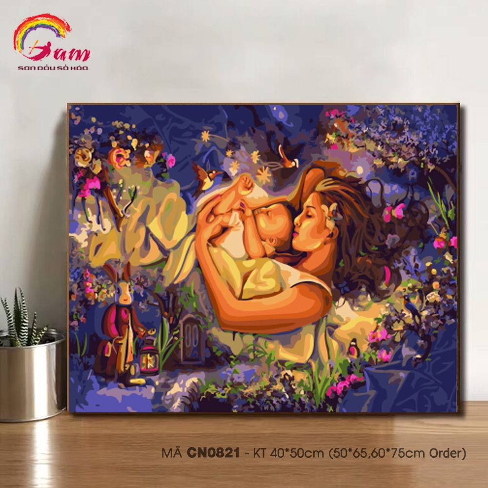 Tranh tự tô màu theo số CN0821 Tranh sơn dầu số hóa tự vẽ mẹ ôm con