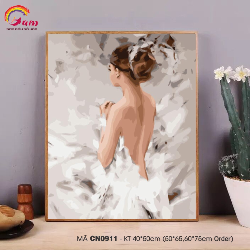 Tranh tô màu theo số sơn dầu số hóa Gam Tranh cô gái lưng trần váy trắng CN0911