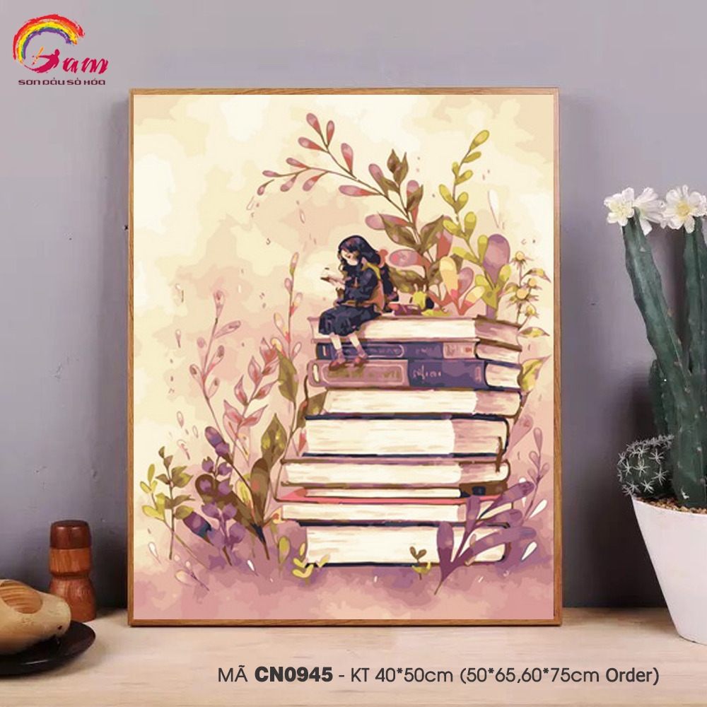 Tranh tô màu theo số sơn dầu số hóa Gam Tranh cô bé ngồi đọc sách CN0945