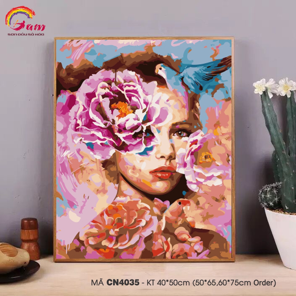 Tranh sơn dầu số hóa tự tô màu theo số cô gái hoa CN4035