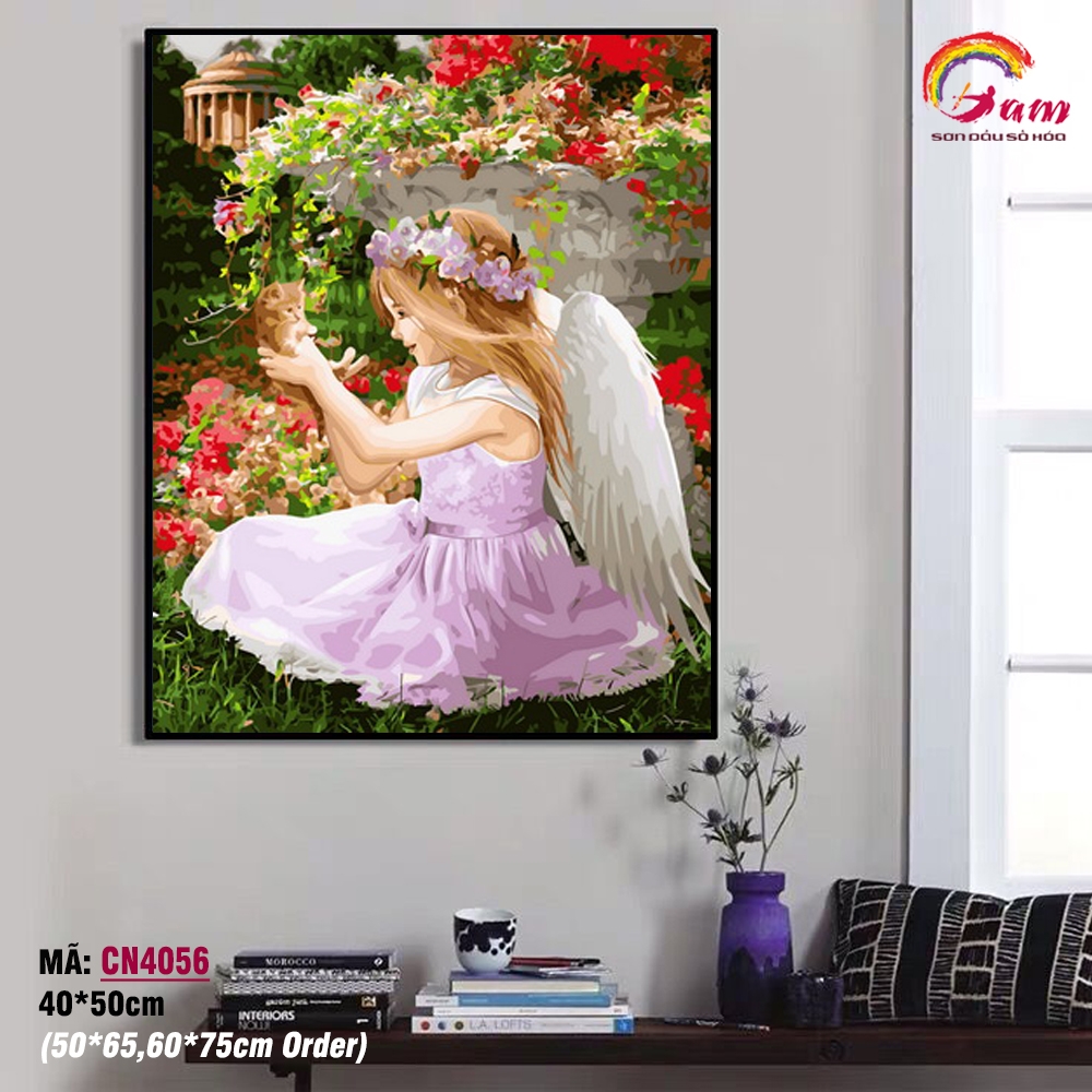 Tranh tô màu theo số Gam Thiên thần nhỏ và mèo con CN4056