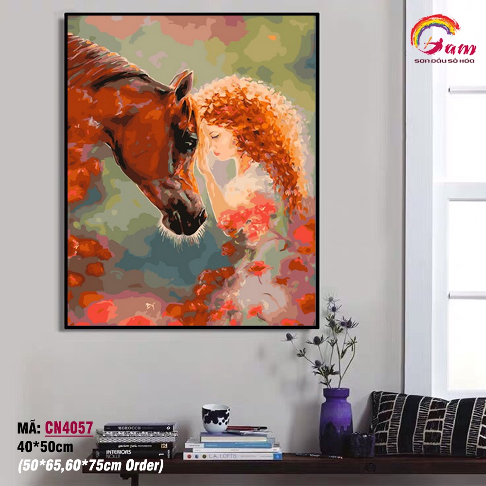 Tranh tô màu theo số Gam Em gái nhỏ và chú ngựa CN4057