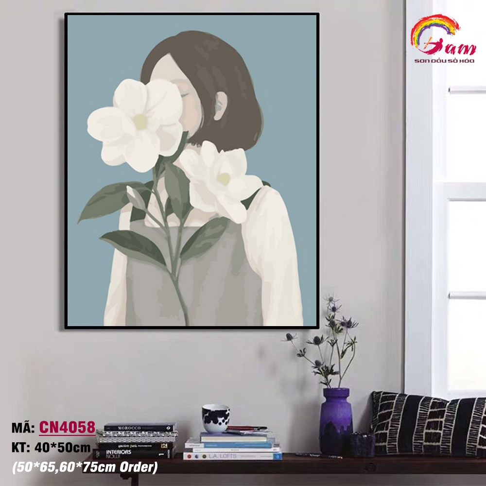 Tranh tô màu theo số Gam Cô gái hoa trà đơn giản dễ vẽ CN4058