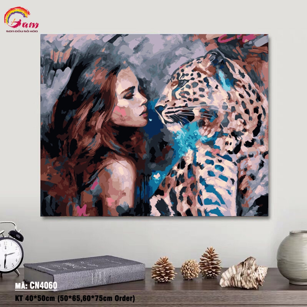 Tranh tô màu theo số Gam cô gái và báo đốm CN4060