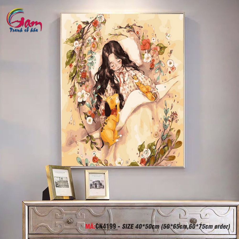 Tranh tô màu theo số Gam cô gái Aeppol và chú chó CN4199