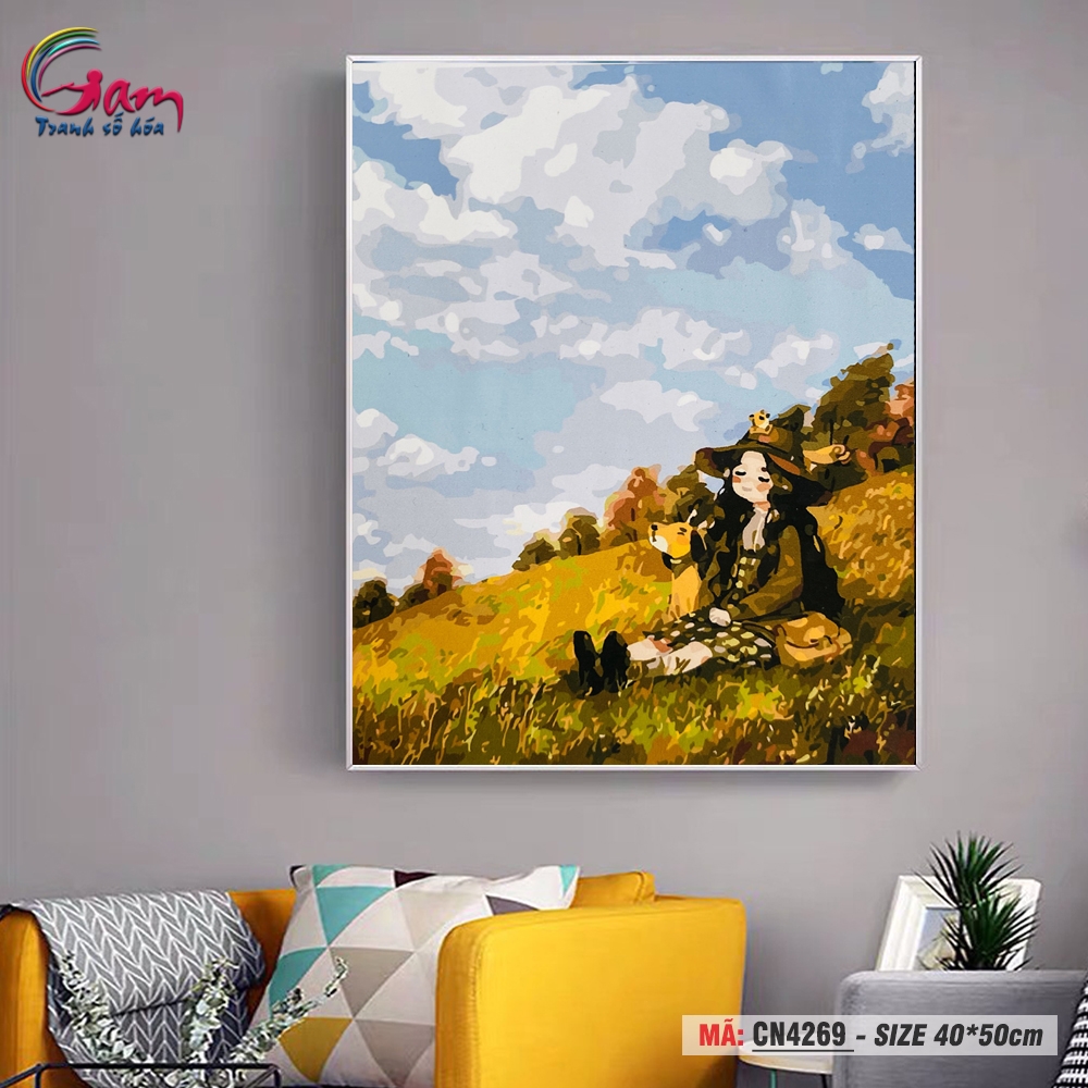 Tranh tô màu số hóa Gam treo tường trang trí cô bé thư giãn trên đồng cỏ CN4269
