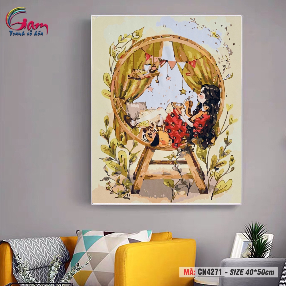 Tranh tô màu số hóa Gam treo tường trang trí cô bé đọc sách thư giãn CN4271