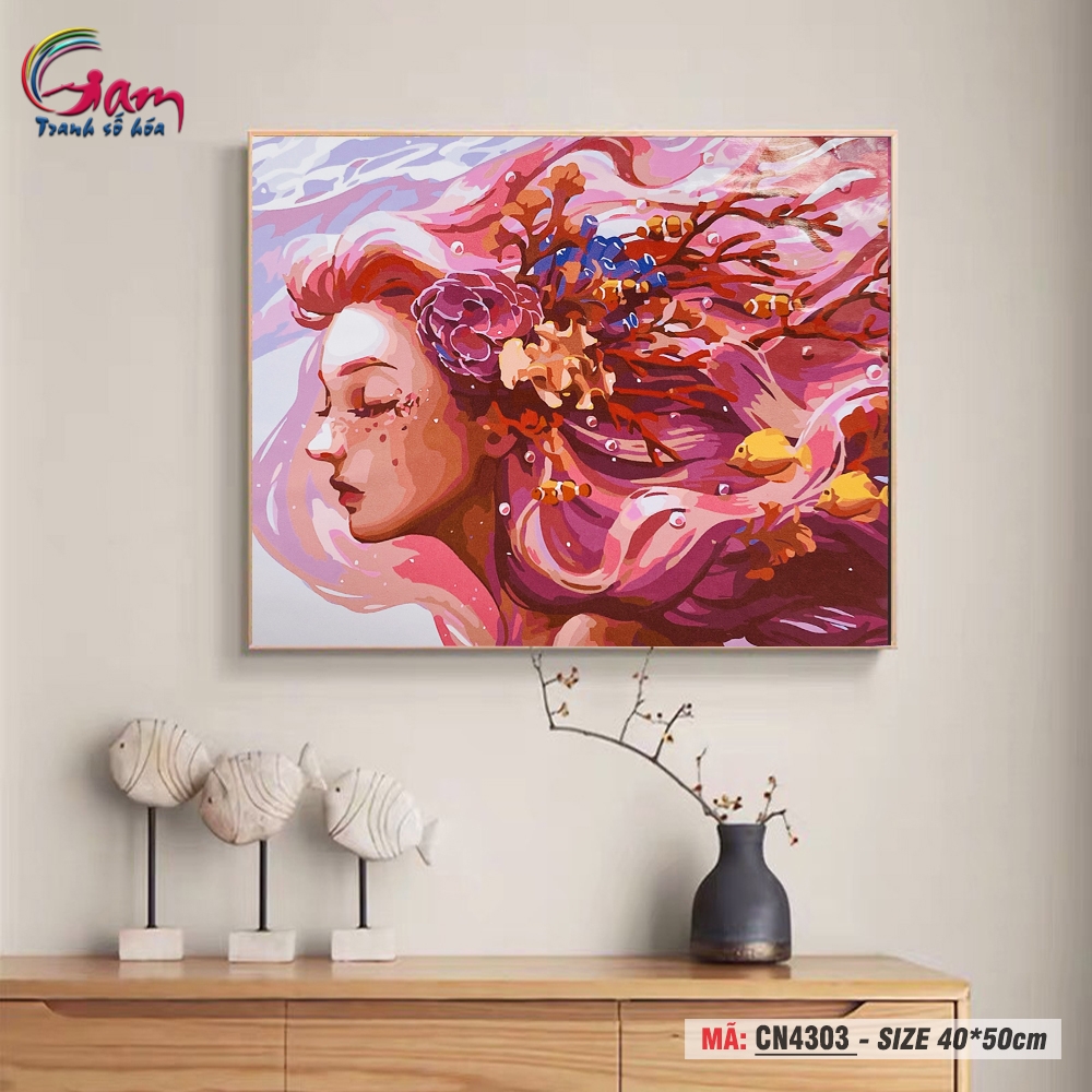 Tranh tô màu số hóa Gam treo tường trang trí cô gái sóng biển CN4299
