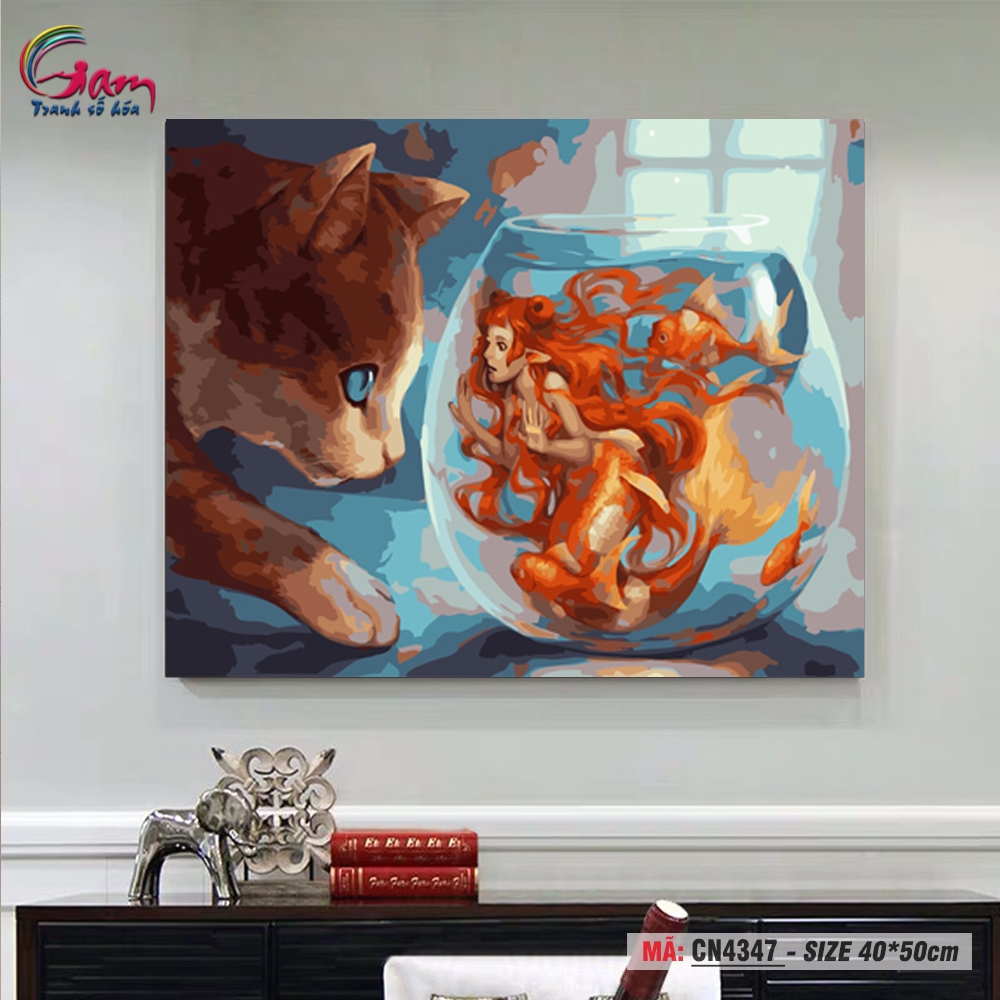 Tranh trang trí treo tường sơn dầu tự tô Gam chú mèo và nàng tiên cá CN4347