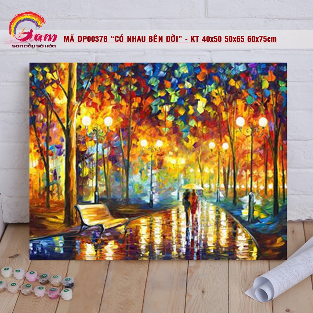 Tranh sơn dầu số hóa tự tô màu Gam đèn đường đêm mùa thu DP0037B