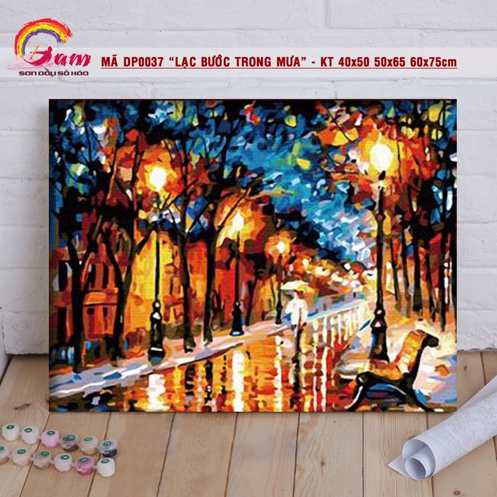 Tranh sơn dầu số hoá tự tô nghệ thuật lạc bước trong mưa DP0037