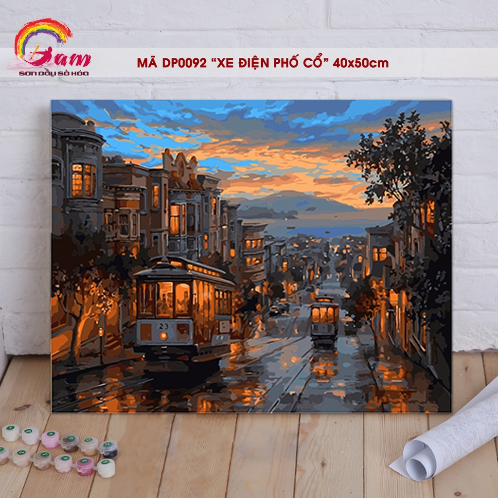 Tranh sơn dầu tự tô theo số xe điện phố cổ Châu Âu hoàng hôn mã DP0092