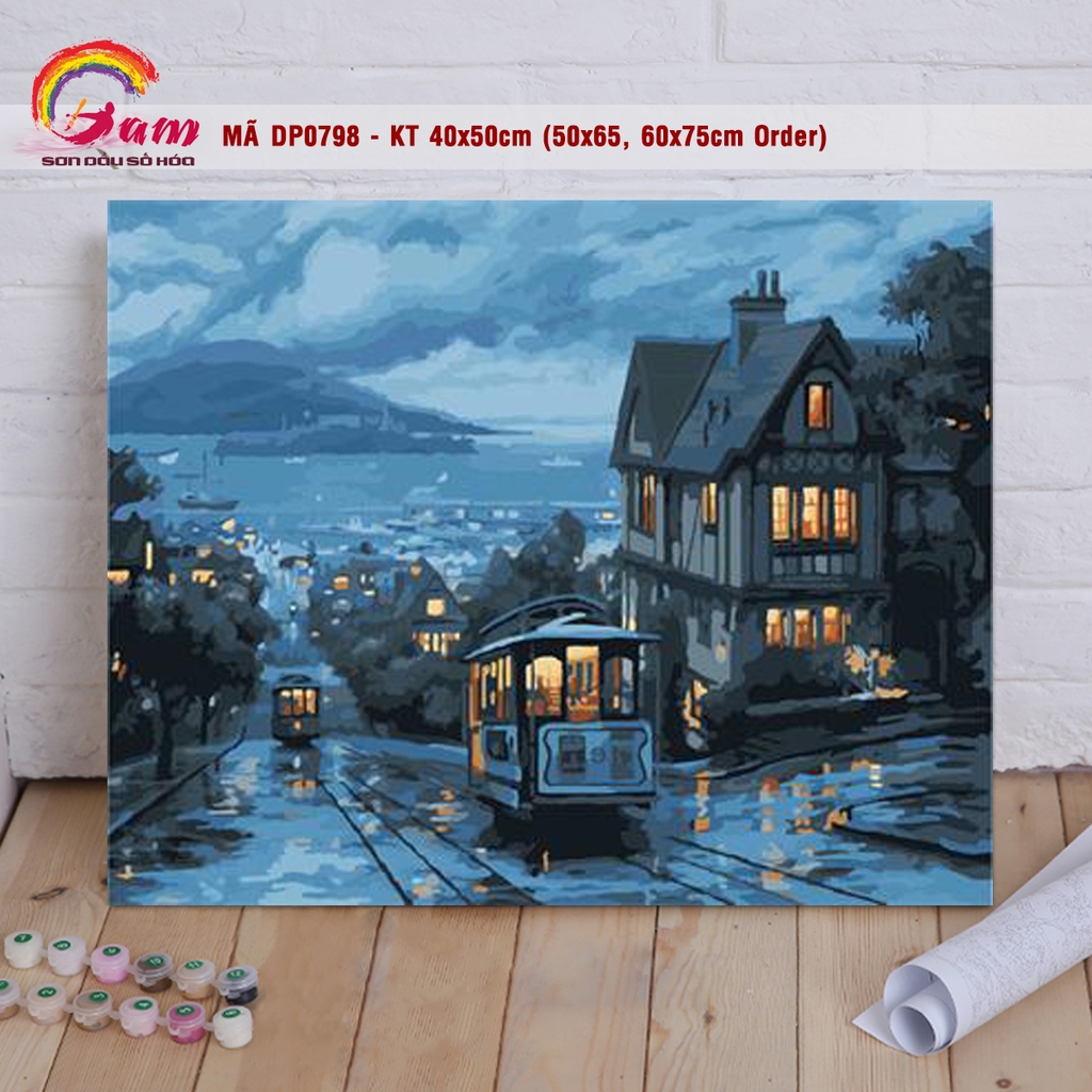 Tranh sơn dầu số hóa tô màu tự tô phong cảnh đường phố Châu Âu xe điện chiều muộn DP0798