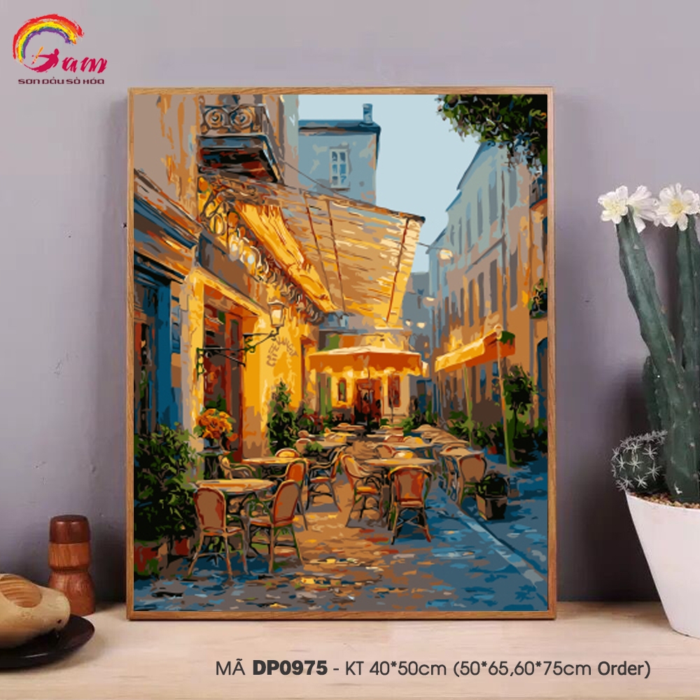 Tranh tô màu theo số sơn dầu số hóa cảnh phố Châu Âu quán cà phê DP0975