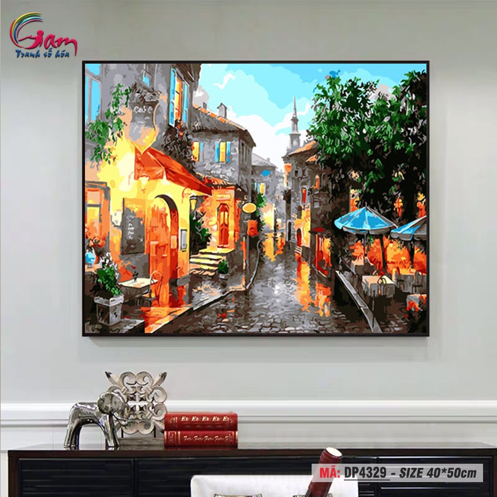 Tranh sơn dầu số hoá tự tô Gam đường phố châu Âu DP4329