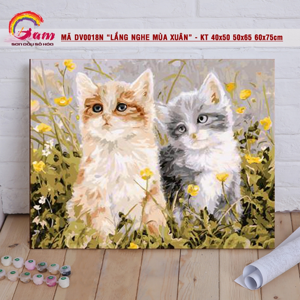 Tranh sơn dầu số hoá DIY tự tô màu Tranh động vật đôi mèo dễ thương trên đồng hoa DV0018N