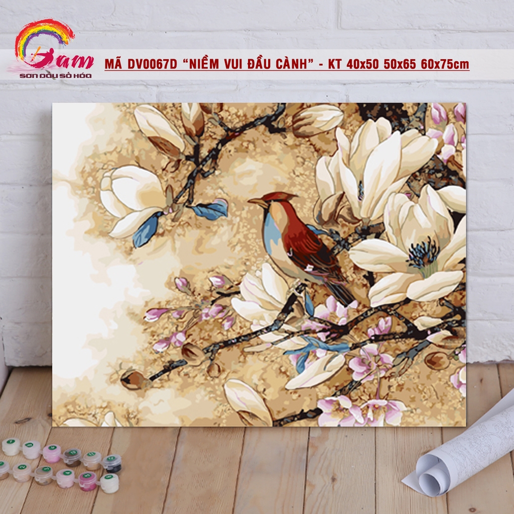 Tranh treo tường sơn dầu số hoá tự vẽ - Mã DV0067D Chim hót trên cành hoa mộc lan mùa xuân