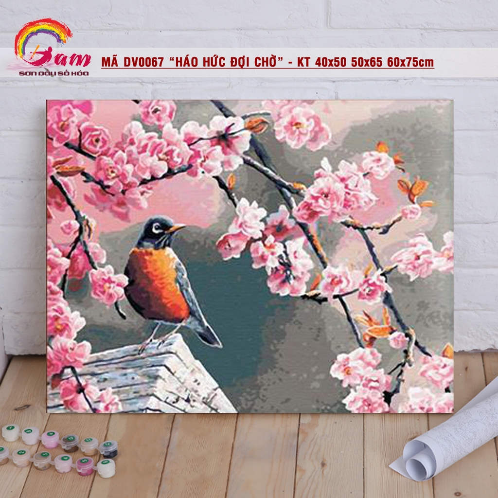 Tranh tô màu số hóa Gam Tranh mùa xuân Háo hức đợi chờ chim và hoa đào mã DV0067