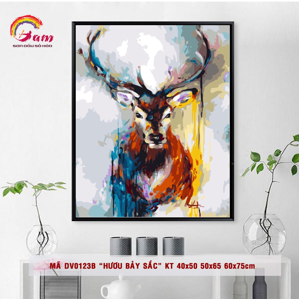 Tranh sơn dầu số hóa tự tô màu theo số Gam Hươu bảy sắc Tranh hươu nai tuần lộc DV0123B